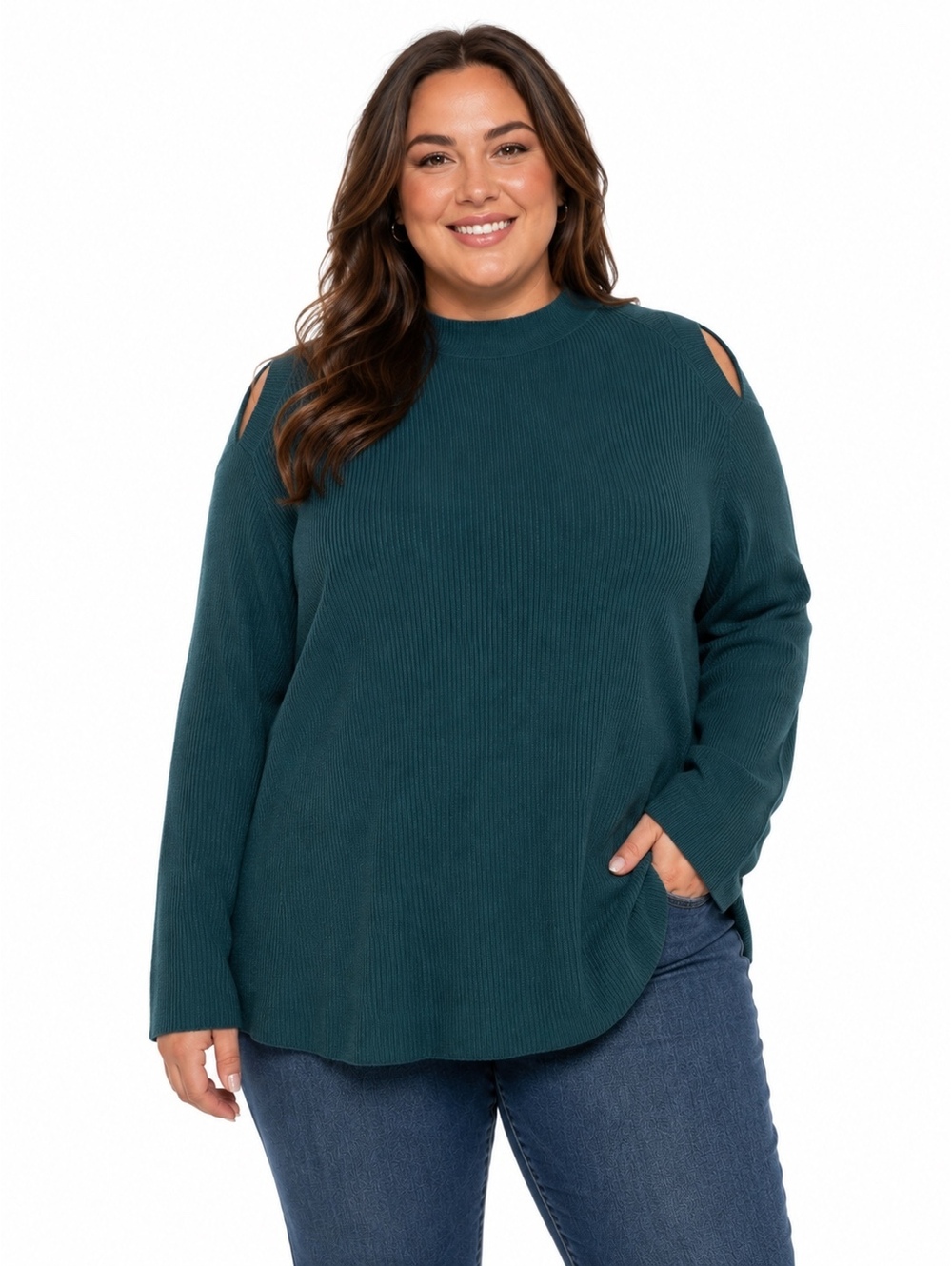 Lane Bryant Dark Teal Ribbed Cold Shoulder Mock Neck Sweater Size 22/24 Fall